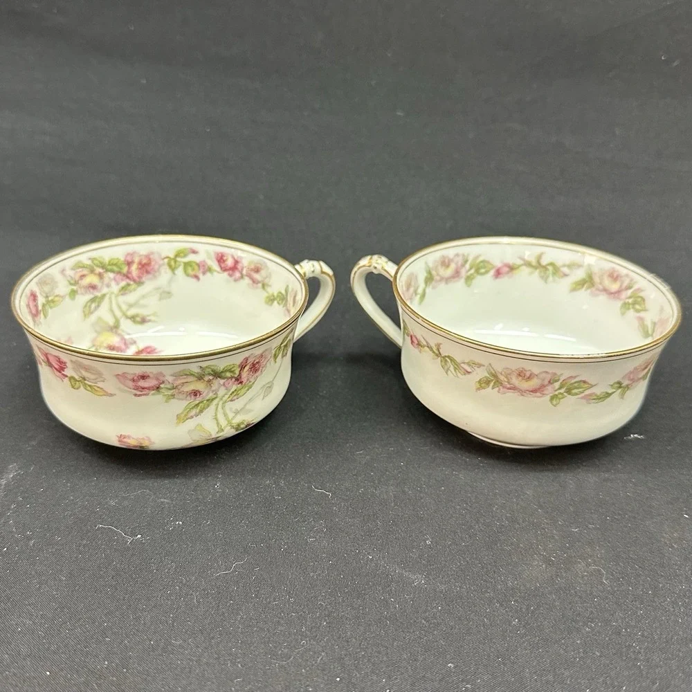 Haviland Limoges 'The Amstel' Bouillon Cups, Gold Pink Roses, Antique, Set of‎ 2